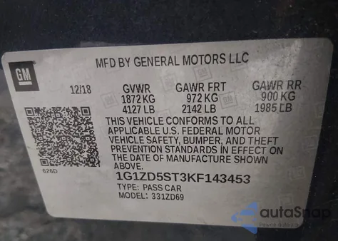 2019 Chevrolet Malibu Lt from USA, damaged, VIN 1G1ZD5ST3KF143453